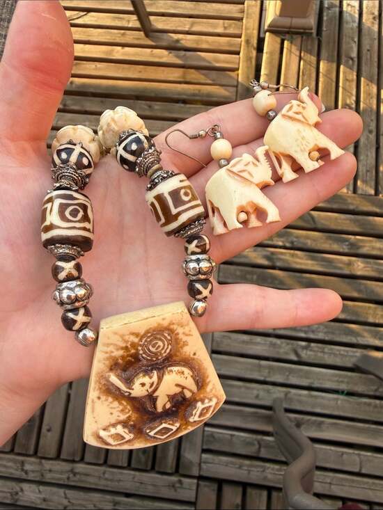 Jewelry - Handcrafted Carved Bone Elephant Pendant Necklace & Earrings Set